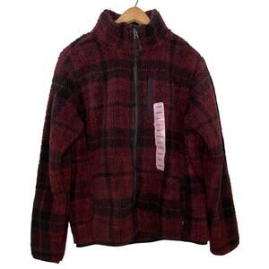 Eddie Bauer Zinfandel Black Plaid Fleece Jacket Womens Size S NEW Full Zip Cozy